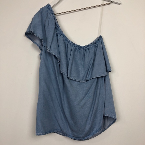 7 For All Mankind One Shoulder Ruffle Chambray Top - Picture 3 of 7